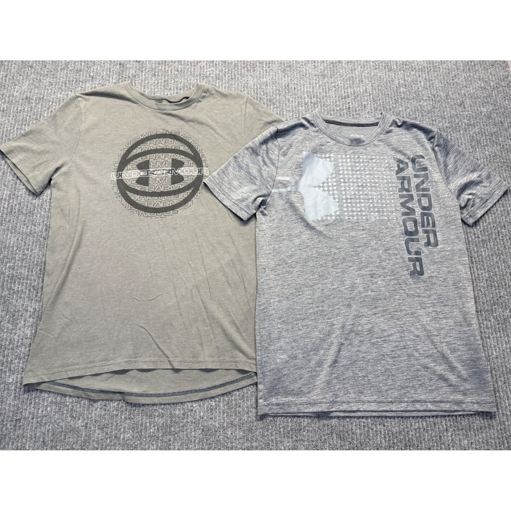 Under Armour Boys HeatGear T-Shirt Bundle Grey Graphic Activewear Lot of 2 YXL